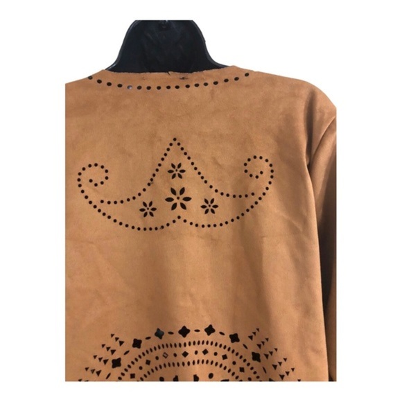 Brown boho laser cut faux suede overcoat topper jacket‎ size large new - Picture 12 of 17